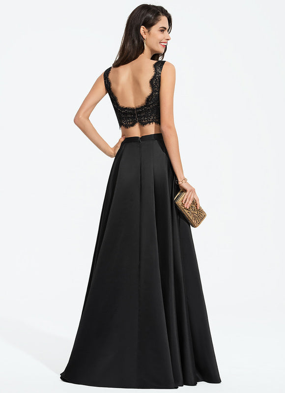 Robe Trapèze Vert Satin Dentelle Bal - gallery 1