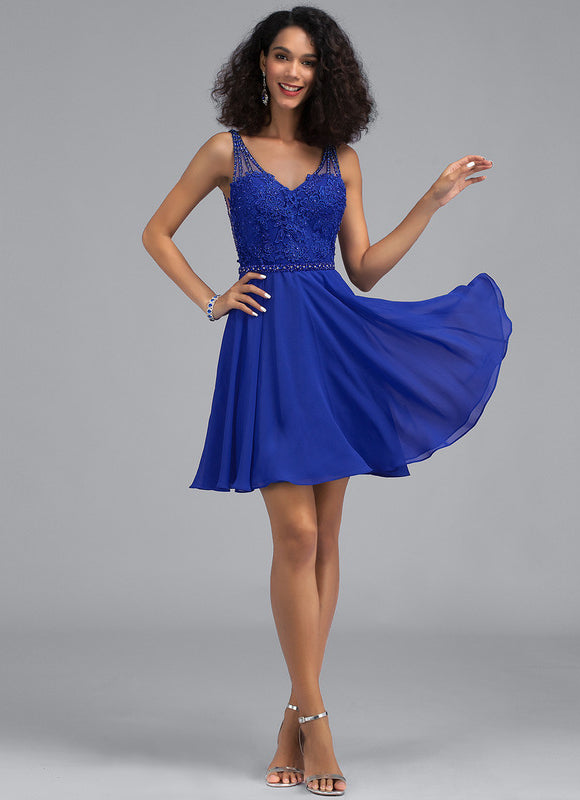 Robe Trapèze Bleu Marine Dentelle Et Mousseline - gallery 3