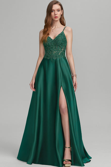Robe Trapèze Vert Satin Dentelle Bal
