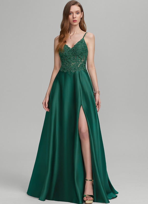 Robe Trapèze Vert Satin Dentelle Bal