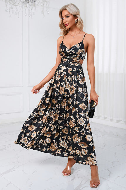Robe Trapèze Fleur Noire Satinée