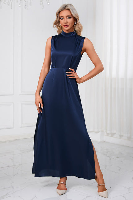 Robe Trapèze Satin Bleu Nuit - gallery 6