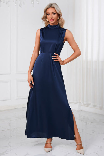 Robe Trapèze Satin Bleu Nuit - gallery 6
