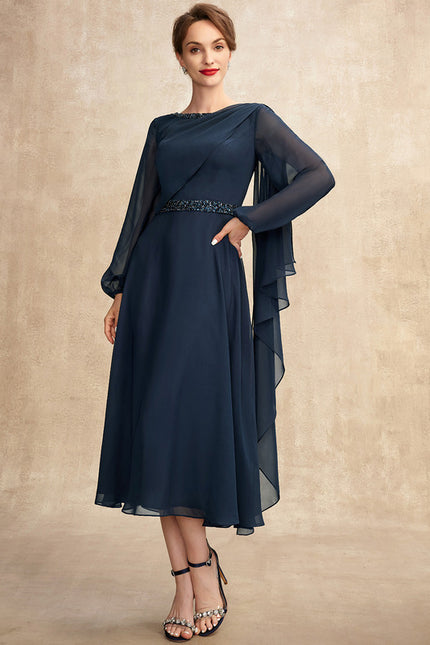 Robe Trapèze Bleu Marine Mousseline Plissée - gallery 4