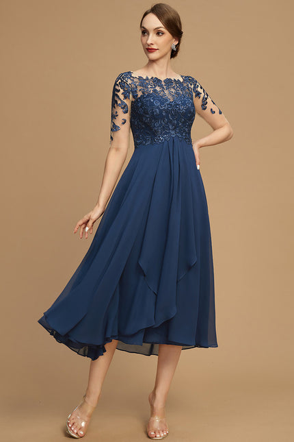 Robe Trapèze Bleu Marine Dentelle Mousseline - gallery 4