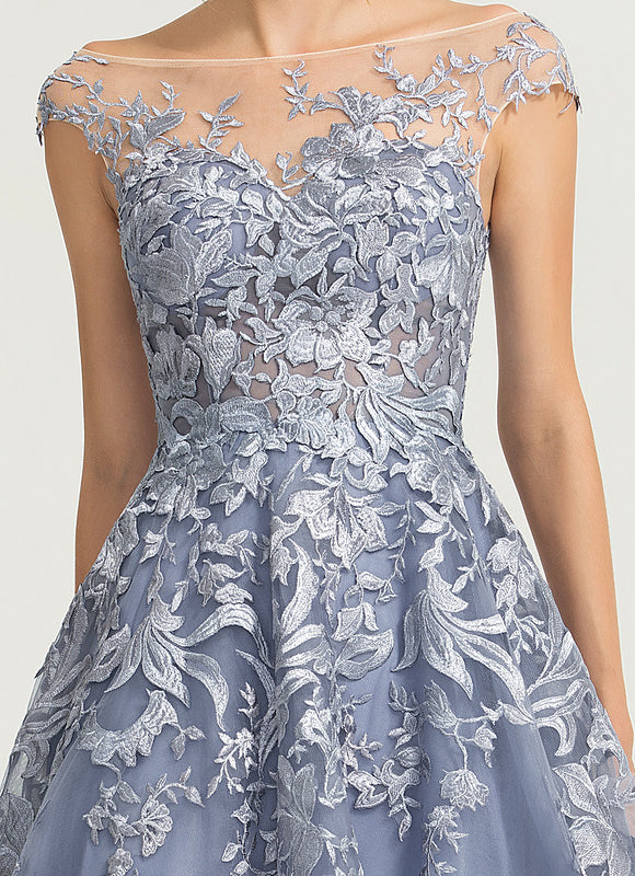 Robe Trapèze Bleu Pastel Soirée Longue En Tulle And Dentelle - gallery 1