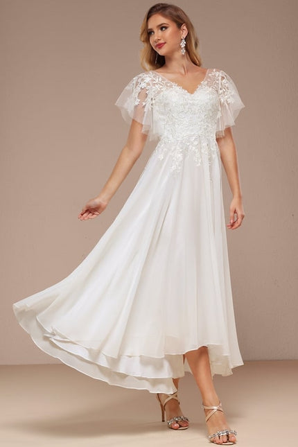 Robe Trapèze Beige Dentelle Tulle Volants Mariage