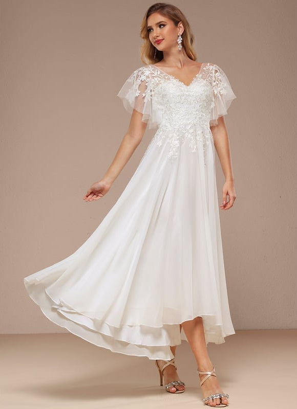 Robe Trapèze Beige Dentelle Tulle Volants Mariage