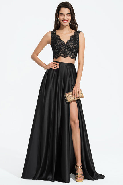 Robe Trapèze Vert Satin Dentelle Bal