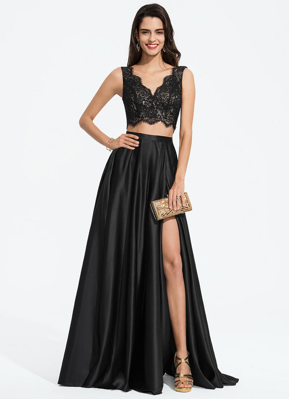 Robe Trapèze Vert Satin Dentelle Bal