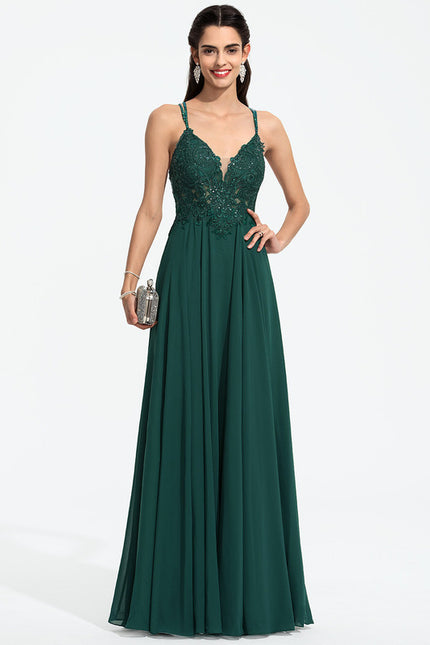 Robe Trapèze Verte En Mousseline Avec Perles Et Paillettes - gallery 4