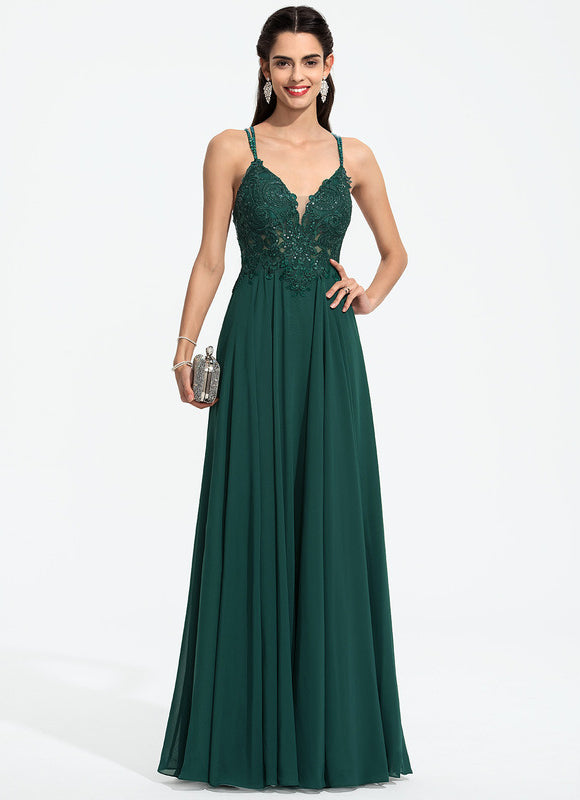 Robe Trapèze Verte En Mousseline Avec Perles Et Paillettes - gallery 4