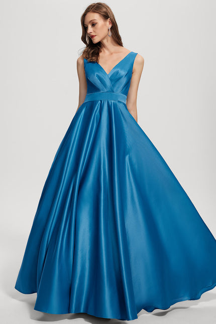 Robe Trapèze Bleu Satin Longue De Soirée - gallery 1