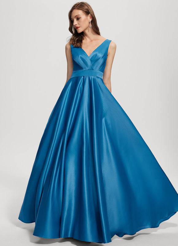 Robe Trapèze Bleu Satin Longue De Soirée - gallery 1
