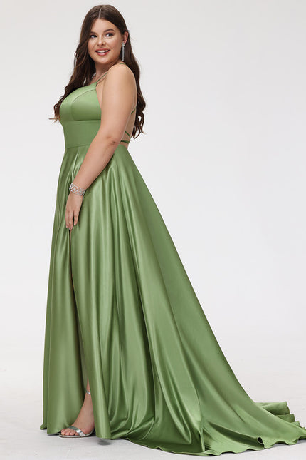 Robe Trapèze Vert Satin Bal Balayant - gallery 9