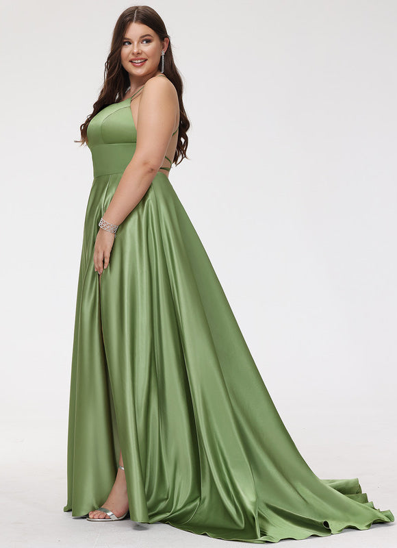 Robe Trapèze Vert Satin Bal Balayant - gallery 9