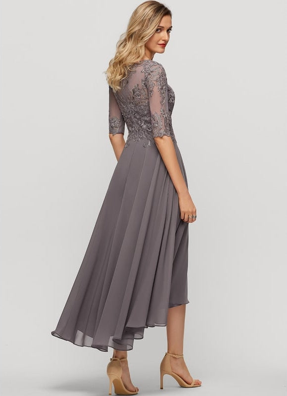 Robe Trapèze Gris Satin Dentelle. - gallery 1