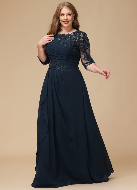 Robe Trapèze Bleue Marine Longue Dentelle - gallery 9