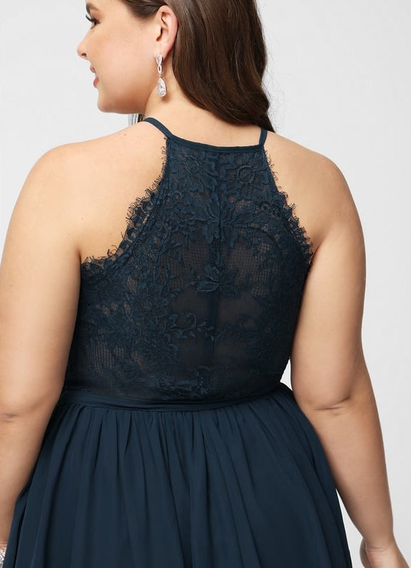Robe Trapèze Bleue Marine Dentelle Mousseline - gallery 8