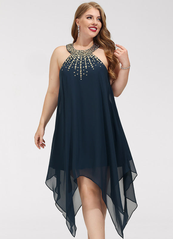 Robe Trapèze Bleue Navy Perlée Asymétrique - gallery 4