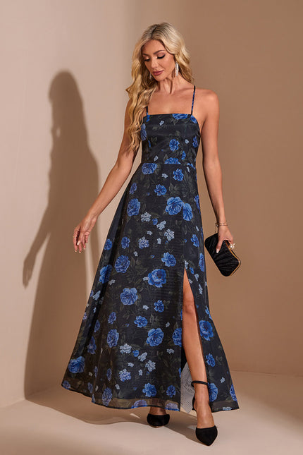 Robe Trapèze Bleue Florale Maxi Organza