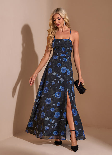 Robe Trapèze Bleue Florale Maxi Organza