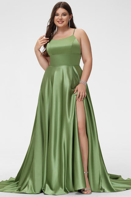Robe Trapèze Vert Satin Bal Balayant - gallery 7