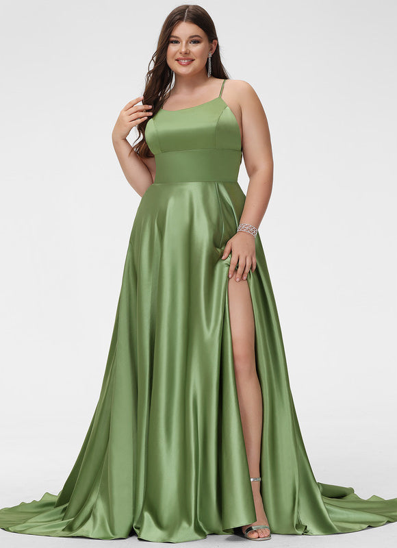 Robe Trapèze Vert Satin Bal Balayant - gallery 7