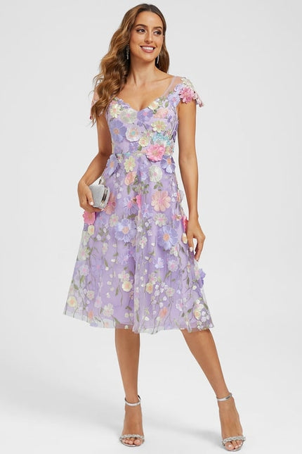 Robe Trapèze Violette Floral Dentelle 3D - gallery 4