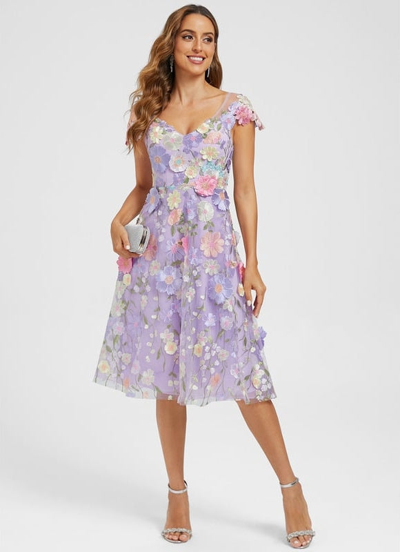 Robe Trapèze Violette Floral Dentelle 3D - gallery 4