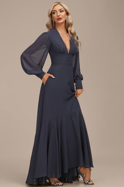 Robe Trapèze Bleue Marine Asymétrique Mousseline - gallery 1