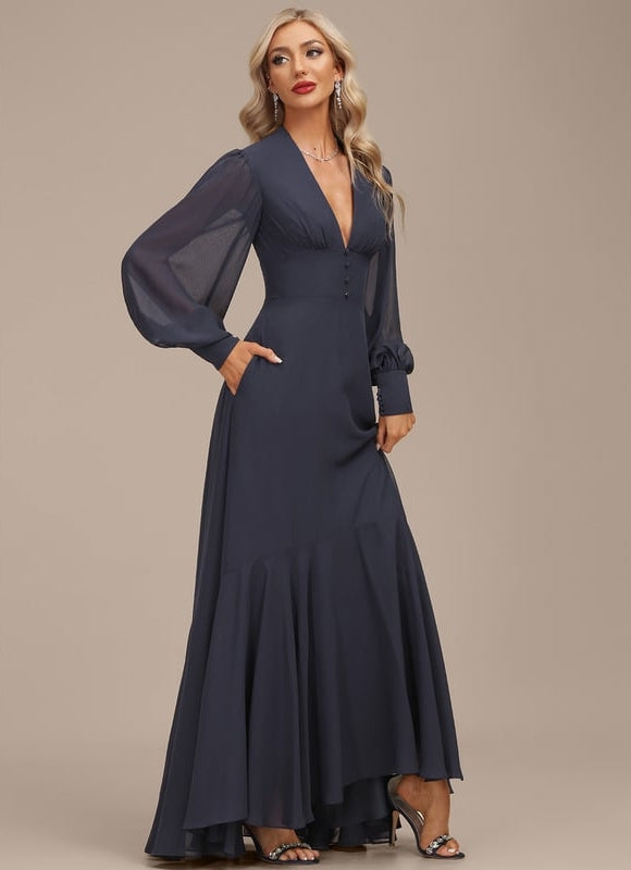Robe Trapèze Bleue Marine Asymétrique Mousseline - gallery 1