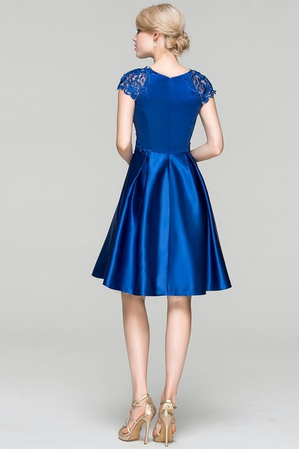 Robe Trapèze Bleue Satin Dentelle - gallery 3
