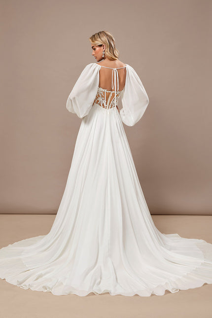 Robe Trapèze Blanche Dentelle Voile Balayage - gallery 7