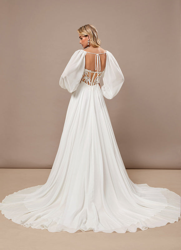 Robe Trapèze Blanche Dentelle Voile Balayage - gallery 7