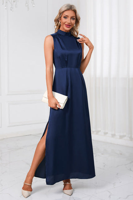 Robe Trapèze Satin Bleu Nuit - gallery 3