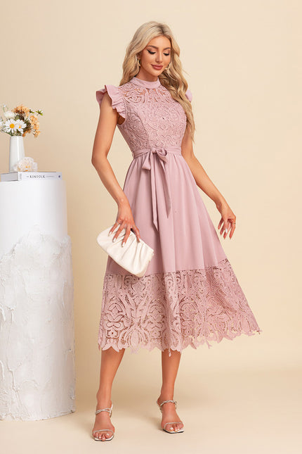 Robe Trapèze Rose Dentelle - gallery 3