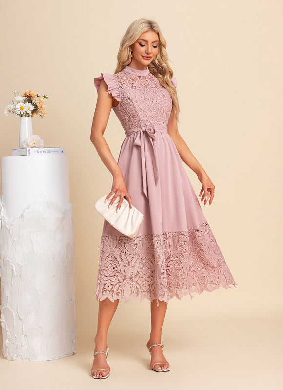 Robe Trapèze Rose Dentelle - gallery 3