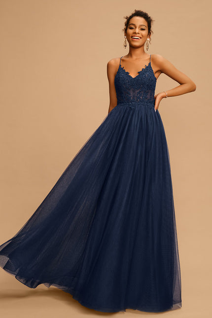 Robe Trapèze Bleu Marine Tulle Longue Strass