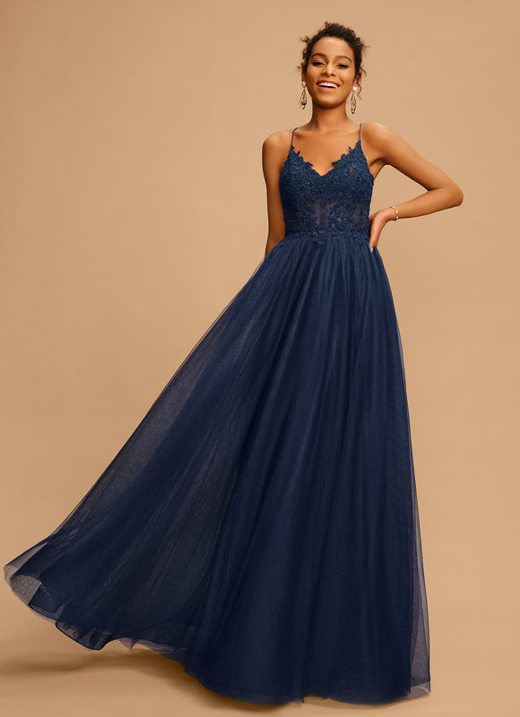 Robe Trapèze Bleu Marine Tulle Longue Strass