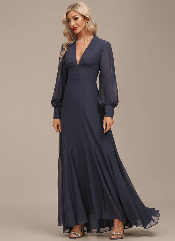 Robe Trapèze Bleue Marine Asymétrique Mousseline - gallery 5