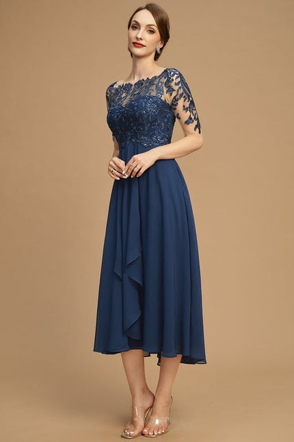 Robe Trapèze Bleu Marine Dentelle Mousseline - gallery 7