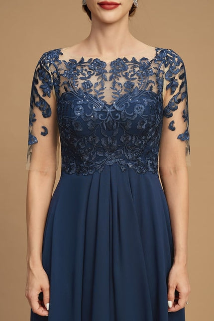 Robe Trapèze Bleu Marine Dentelle Mousseline - gallery 3