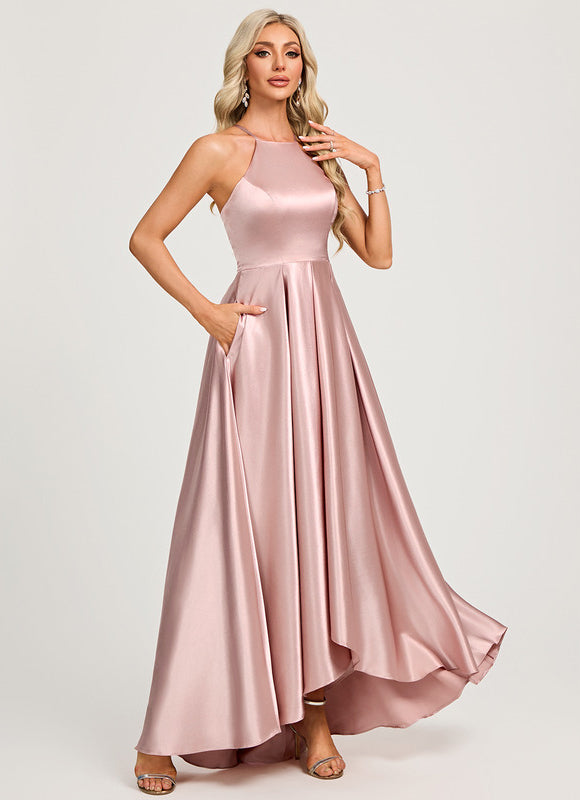 Robe Trapèze Satin Rose Clair Élégante - gallery 4