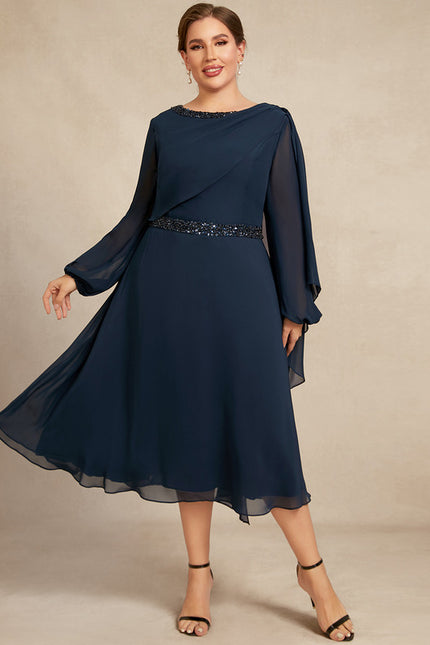 Robe Trapèze Bleu Marine Mousseline Plissée - gallery 7