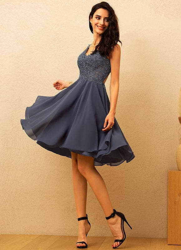 Robe Trapèze Bleu Marine Dentelle Et Mousseline - gallery 3