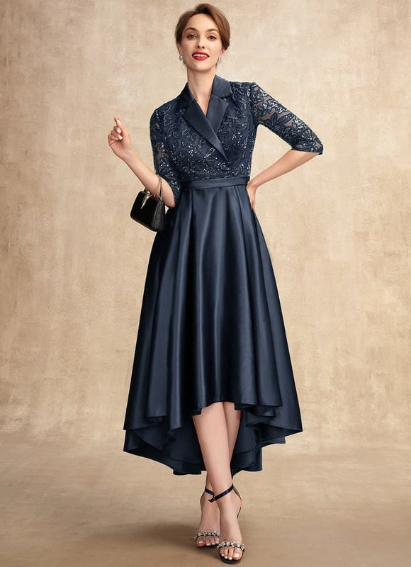 Robe Trapèze Bleue Satin Dentelle Paillettes - gallery 3