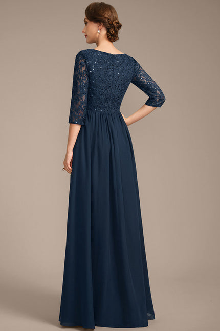 Robe Trapèze Bleu Marine Longue Dentelle Chandail Mariée - gallery 5