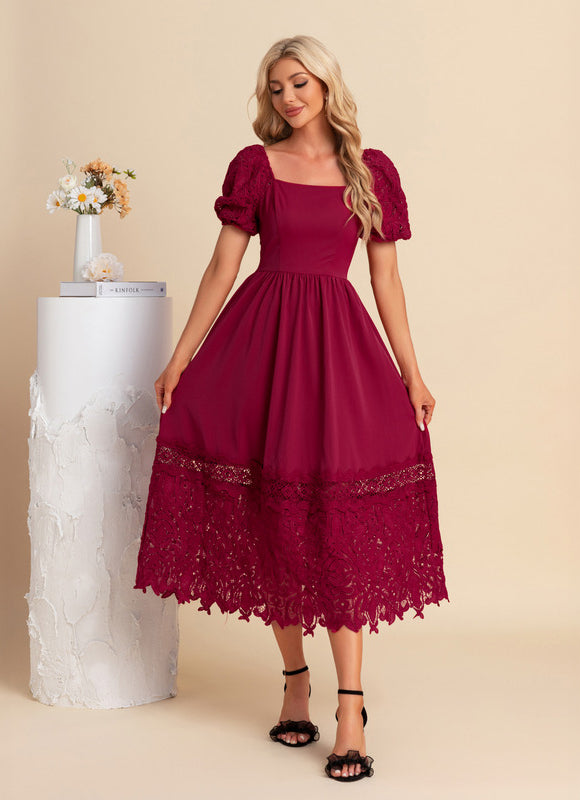 Robe Trapèze Rouge Dentelle Élégante - gallery 1