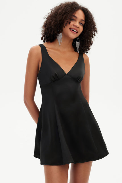 Robe Trapèze Mini Noir Satiné - gallery 7